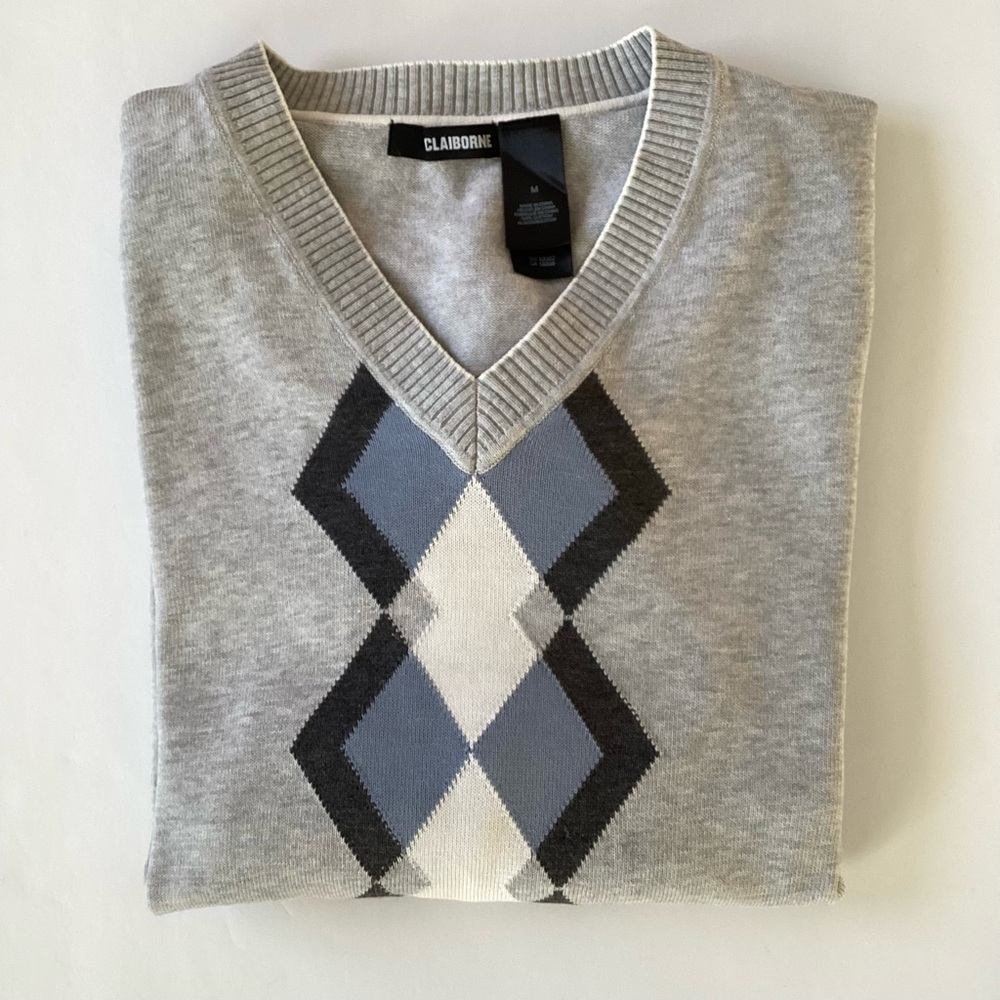 Claiborne Mens Gray Argyle Cotton V-Neck Sweater Size Medium